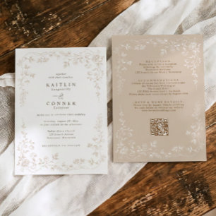 Vintage Beige All in One French Floral Wedding Invitation