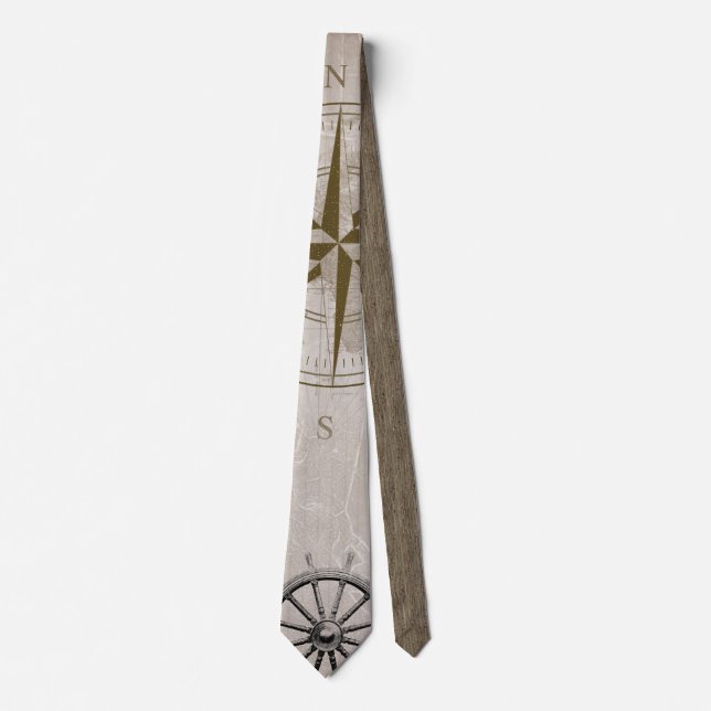 Vintage Beige and Brown Nautical Graphic Neck Tie (Front)
