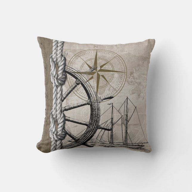 Vintage Beige and Brown Nautical Graphic Throw Pillow (Front)