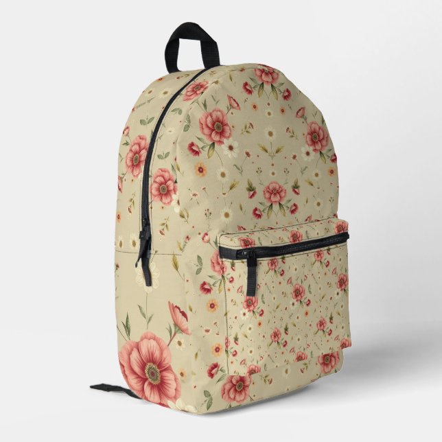 Vintage Beige Backpack with Red Floral Pattern (Back Corner Left)