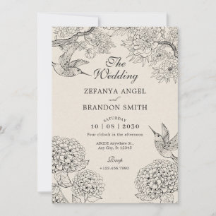 Vintage beige Bird Hydrangea Flowers wedding Invitation