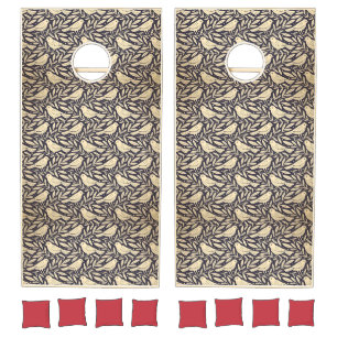 Vintage Beige Bird Pattern on Dark Background Cornhole Set
