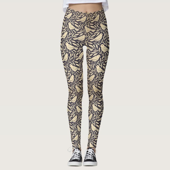 Vintage Beige Bird Pattern on Dark Background Leggings (Front)