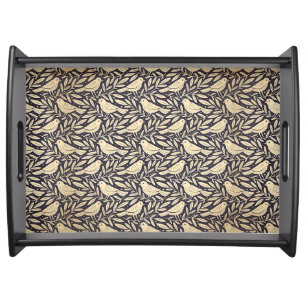 Vintage Beige Bird Pattern on Dark Background Serving Tray