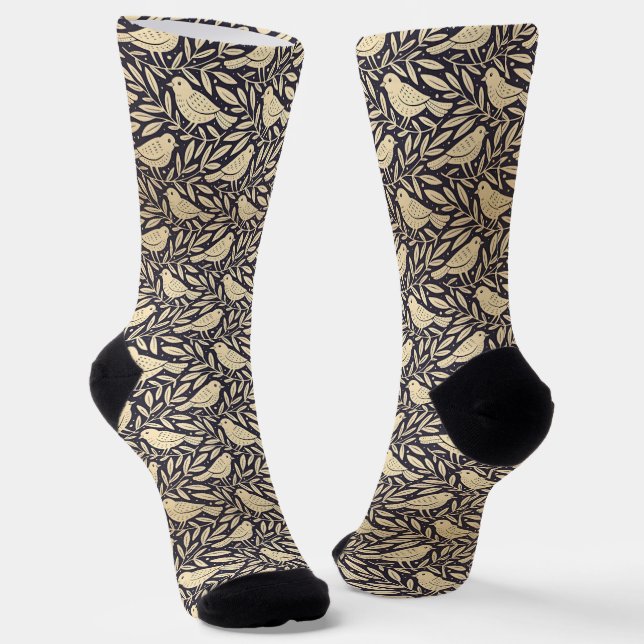 Vintage Beige Bird Pattern on Dark Background Socks (Angled)