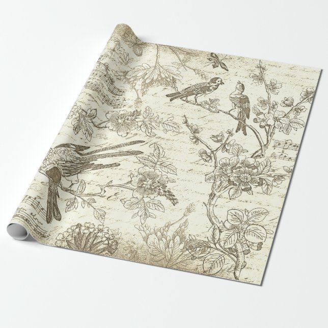 Vintage Beige Birds Flowers French Script  Wrapping Paper (Unrolled)