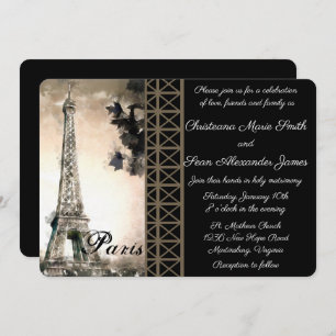 Vintage Beige & Black Eiffel Tower Watercolor Invitation