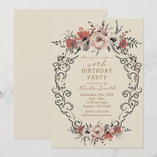 Vintage Beige Botanical Floral Birthday Party Invitation (Front/Back)