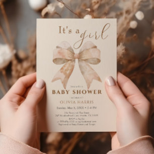 Vintage Beige Bow Boho Watercolor Baby Shower Invitation
