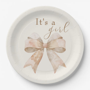 Vintage Beige Bow Boho Watercolor Baby Shower Paper Plates