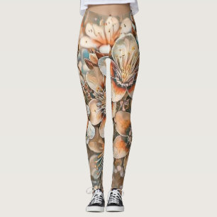 Vintage beige brown cherry blossoms drawing    leggings