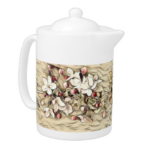 Vintage beige brown cherry blossoms drawing teapot