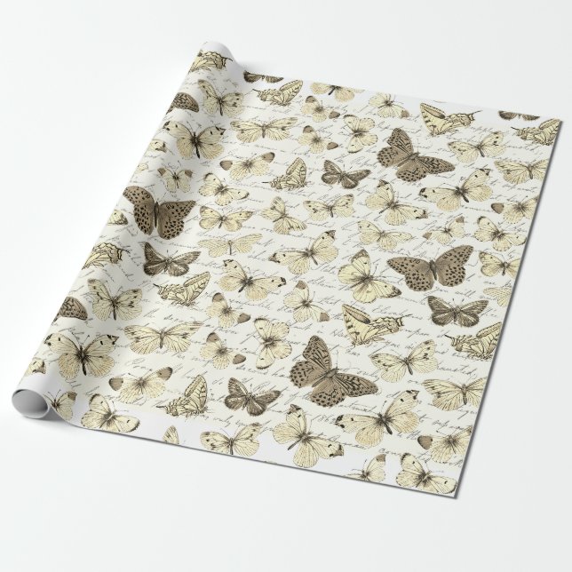 Vintage Beige Butterfly Pattern with Script Wrapping Paper (Unrolled)