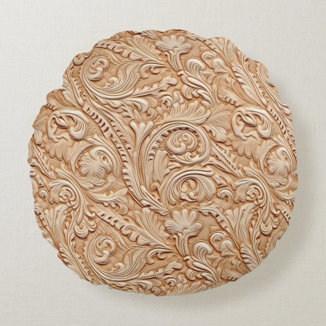 Vintage beige carved faux leather  round pillow (Front)