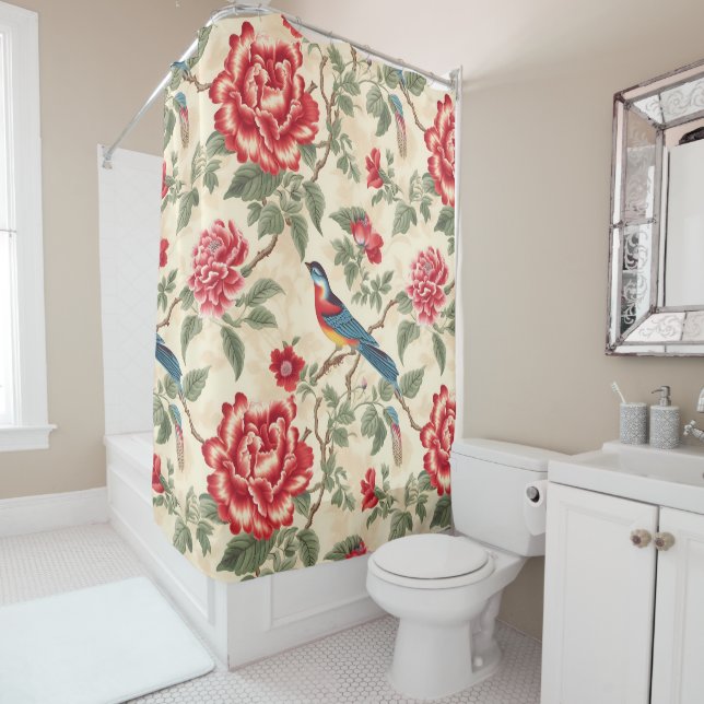 Vintage beige chinoiserie shower curtain (In Situ)