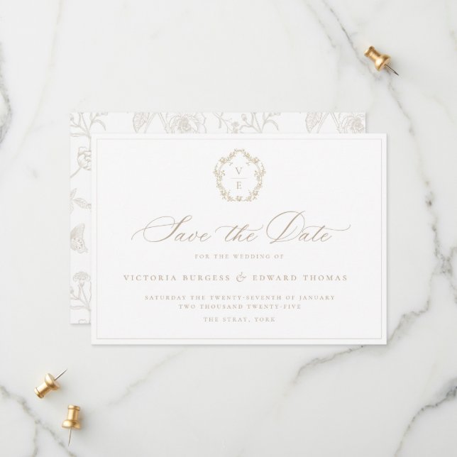 Vintage Beige Crest Monogram Wedding Save The Date (Front/Back In Situ)
