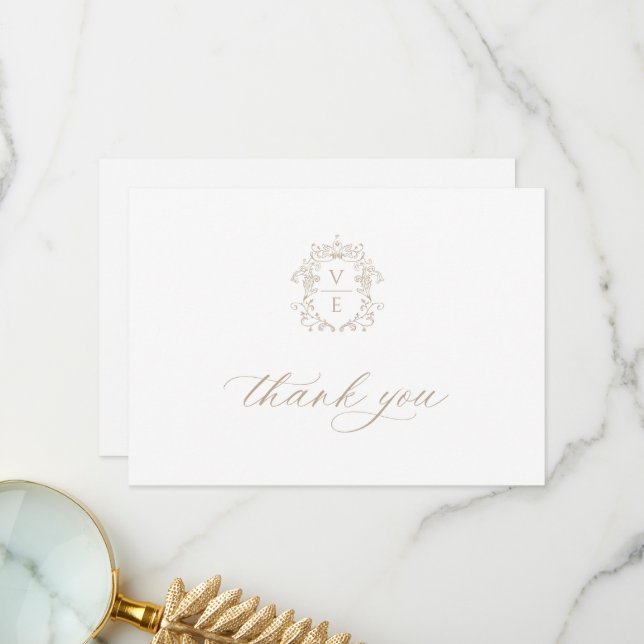 Vintage Beige Crest Monogram Wedding Thank You Card (Front/Back In Situ)