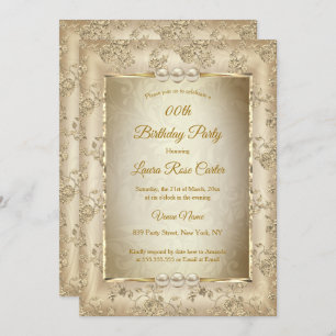 Vintage Beige Damask rose old Gold Birthday Party Invitation