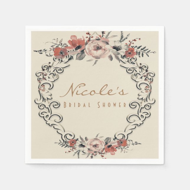 Vintage Beige Elegant Botanical Floral Wedding Napkins (Front)