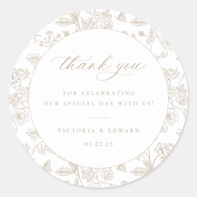 Vintage Beige Floral Wedding Thank You Classic Round Sticker (Front)