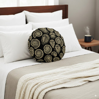 Vintage beige fossil trilobite ammonite pattern round pillow