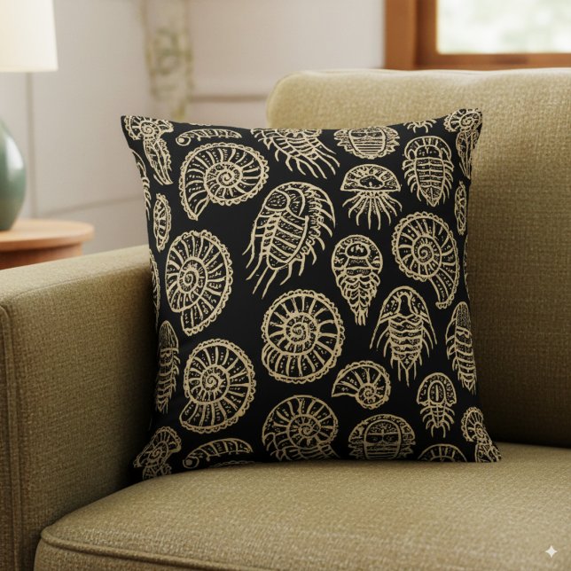 Vintage beige fossil trilobite ammonite pattern throw pillow (Creator Uploaded)