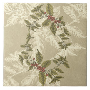 Vintage Beige Green Gold Floral Ceramic Tile