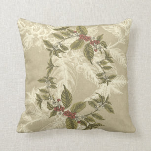 Vintage Beige Green Gold Foliage Throw Pillow