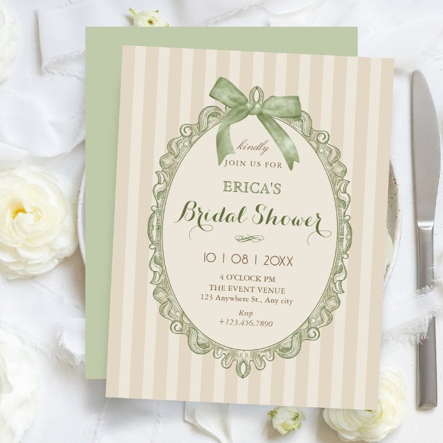 Vintage beige green sweet bow bridal shower invitation (Creator Uploaded)