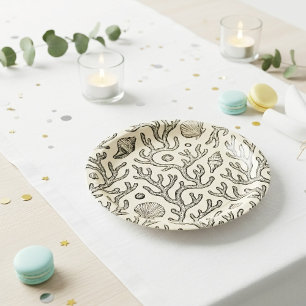 vintage beige hand drawn coral reef pattern paper plates