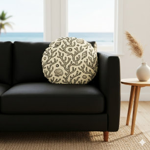 vintage beige hand drawn coral reef pattern round pillow