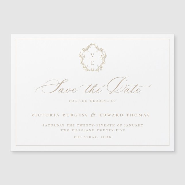 Vintage Beige Monogram Crest Save The Date (Front)