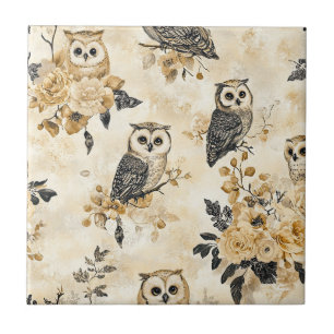 Vintage Beige Owl Botanical Woodland Pattern Ceramic Tile