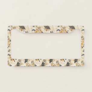 Vintage Beige Owl Botanical Woodland Pattern License Plate Frame