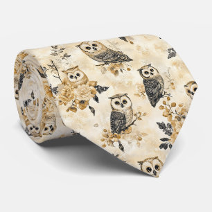 Vintage Beige Owl Botanical Woodland Pattern Neck Tie