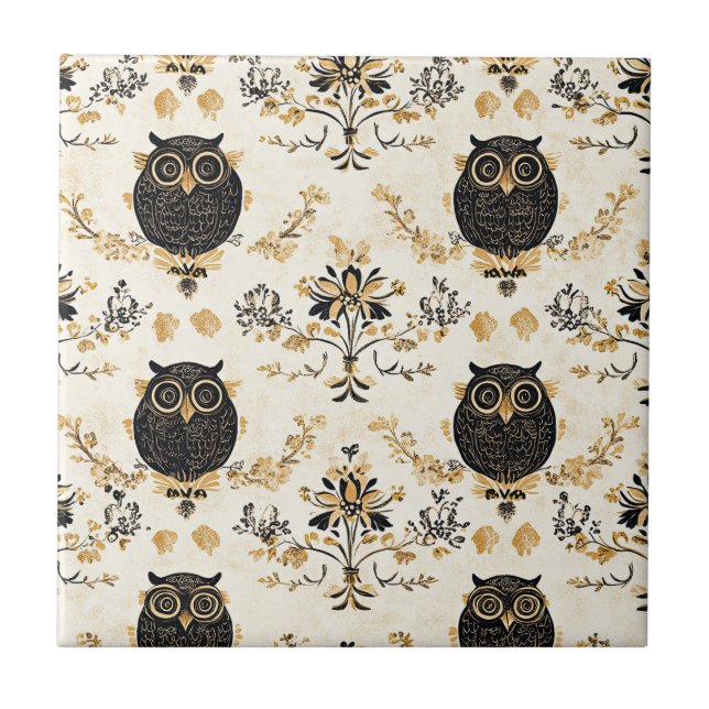 Vintage Beige Owl Nature Pattern Ceramic Tile (Front)