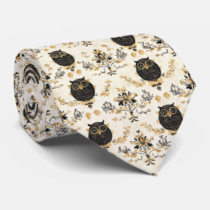 Vintage Beige Owl Nature Pattern Neck Tie