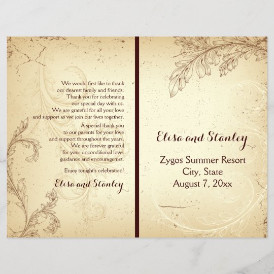 Vintage Beige Scroll Leaf Folded Wedding Program Zazzle Com