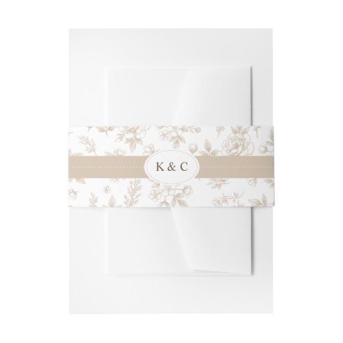 Vintage Beige Tan Floral Toile Initials Wedding Invitation Belly Band
