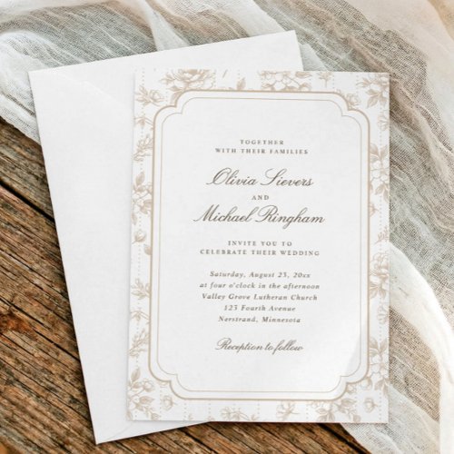 Vintage Beige Tan French Floral Toile Wedding Invitation