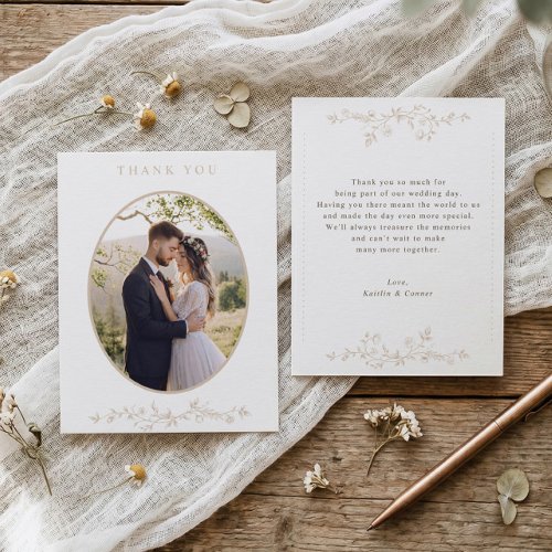 Vintage Beige Tan French Floral Wedding Photo Thank You Card