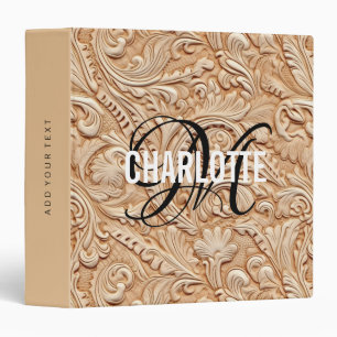 Vintage beige tooled leather monogram name 3 ring binder