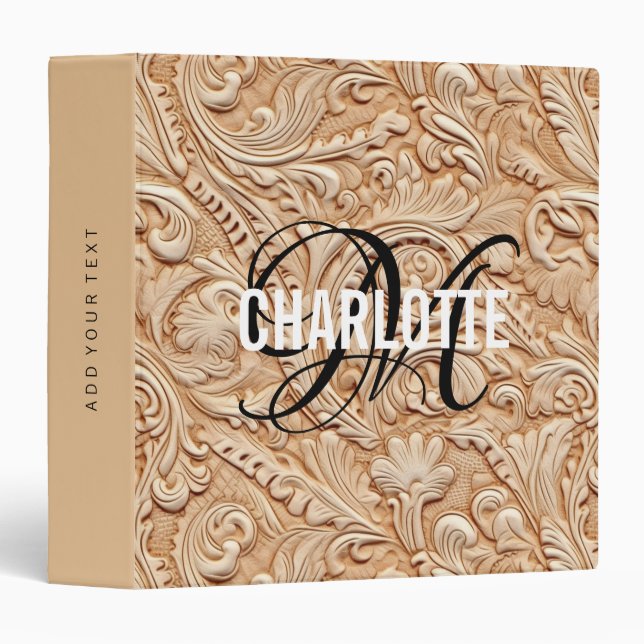 Vintage beige tooled leather monogram name 3 ring binder (Front/Spine)