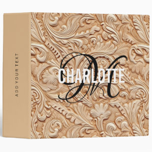 Vintage beige tooled leather monogram name 3 ring binder