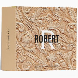 Vintage beige tooled leather monogram name 3 ring binder