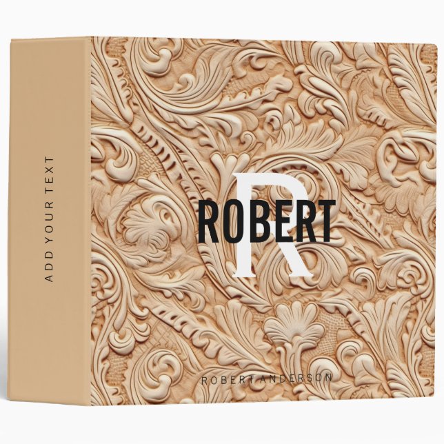 Vintage beige tooled leather monogram name 3 ring binder (Front/Spine)