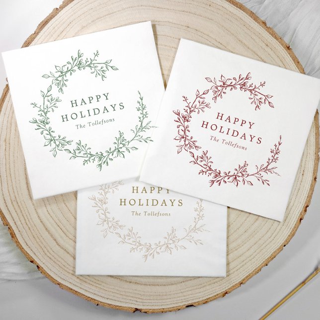 Vintage Beige Wreath Business Holiday Cocktail Napkins (Elegant vintage wreath simple botanical holiday or Christmas party napkins for business or home)