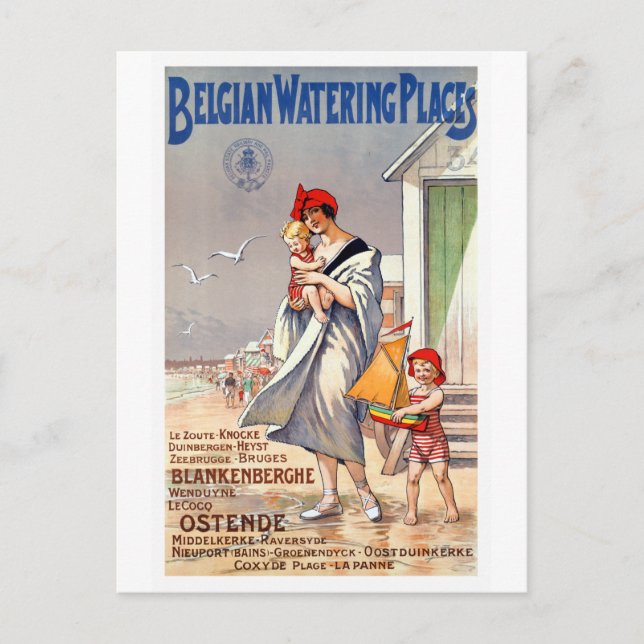 Vintage Belgium Beaches Travel Poster Postcard (Front)
