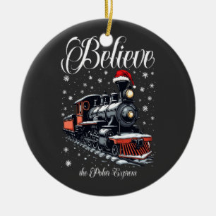 Vintage Believe Christmas Train Ceramic Ornament
