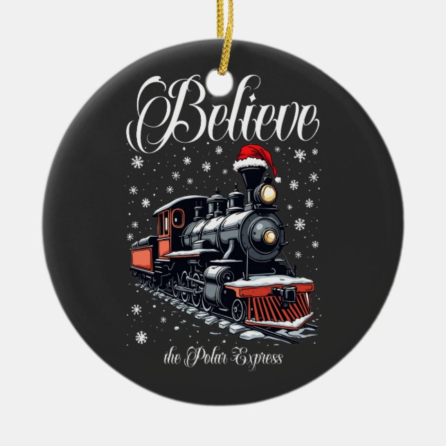 Vintage Believe Christmas Train Ceramic Ornament (Front)